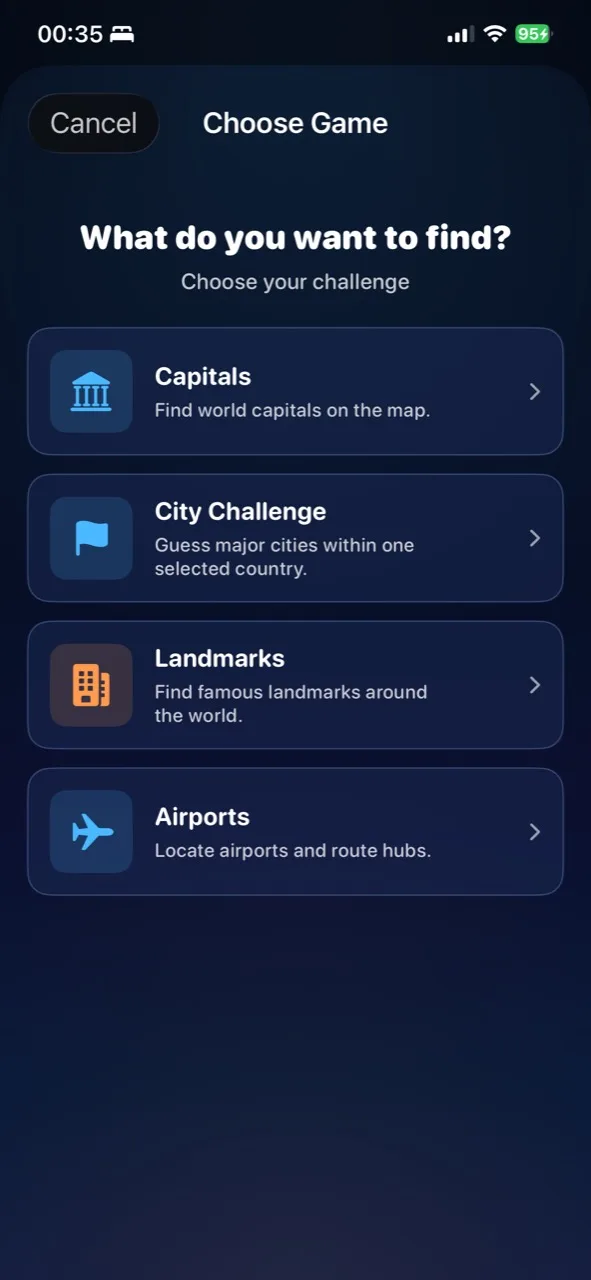 Somewhereish's game chooser with Capitals, City Challenge, Landmarks, and Airports.