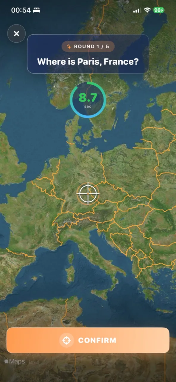 Somewhereish asks where Paris, France is while the player moves a crosshair on the map.